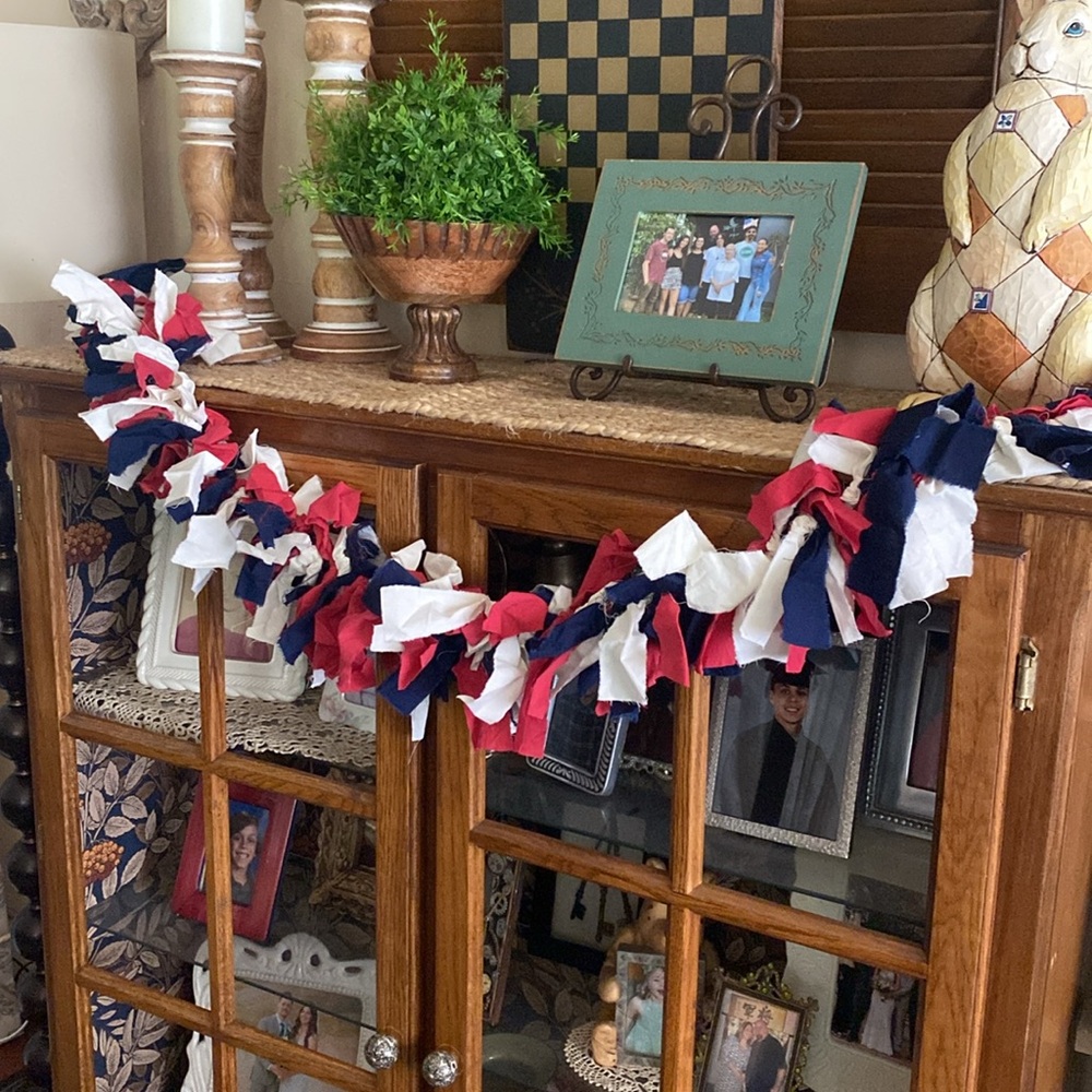 Patriotic Red, White, and Blue Fabric Scraps Garlands - Handmade Bundle of 2 - Picture 2 of 3